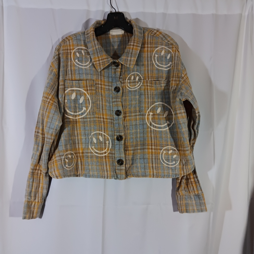 Altar'd State Womens Medium Cropped Plaid Flannel Shirt Smiley Faces Boxy Boho